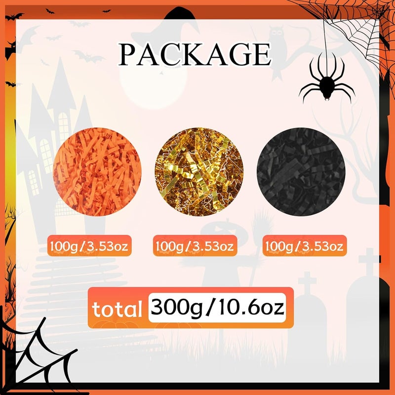 Gloreyan 3 Colors Halloween Crinkle Cut Paper Shred, Black Orange Gold Raffia Paper Sherd Filler Grass for Gift Wrapping Basket Filling Birthdays Weddings Party Supply(10.6 oz) - Image 2
